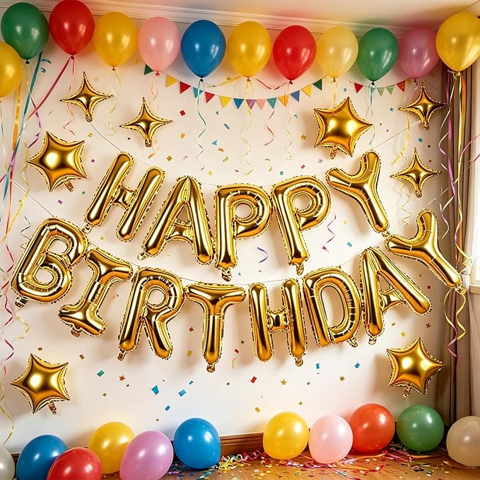 Gold Happy Birthday Balloons Banner 16 Inch Mylar Foil Letters, 10 Inch Five & - Image 7