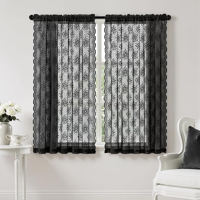 MIULEE Black Floral Lace Curtains 2 Panels, Light Filtering Rod Pocket Panels - Image 7