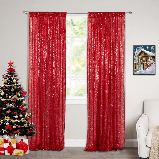ShinyBeauty Sequin Curtains 2 Panels Red 2FTx8FT Sequin Photo Backdrop Red - Image 7