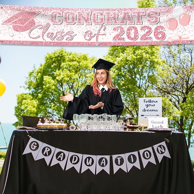 Pink Graduation Party Decorations Class of 2026 Banner Congrats Grad | Rose - Image 7