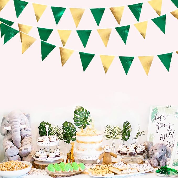 Green Gold Party Decorations Metallic Fabric Triangle Pennant Banner Flag - Image 8
