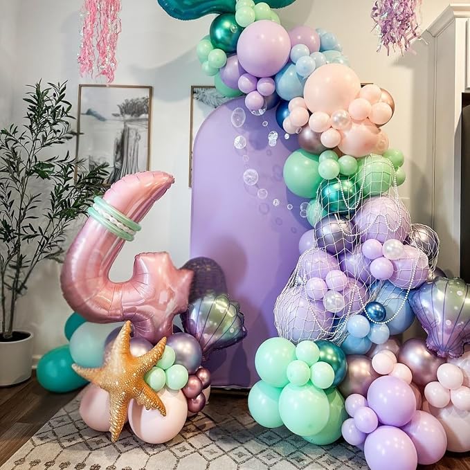 Mermaid Balloons, 12 Inch Pastel Pink Purple Green Clear Metallic Balloons - Image 6