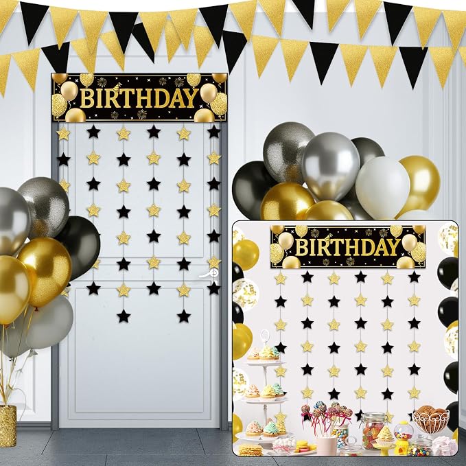 Blosssound Happy Birthday Door Decorations Golden Door Cover Banner Black and - Image 6