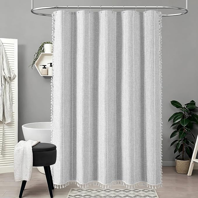60 x 84 Boho Linen Heavy Duty Cloth Shower Curtain Set, 330GSM Linen Blend - Image 6
