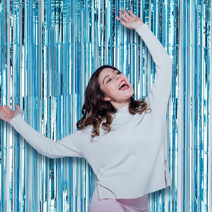 Voircoloria Light Blue Foil Fringe Backdrop Curtains, 3 Pack | Tinsel Streamers - Image 7