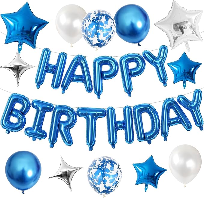 Happy Birthday Balloon Banner Blue Silver, 16 Inch Mylar Foil Letter Balloons - Image 8