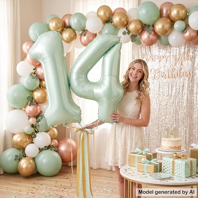 40 Inch Number 14 Balloon for 14th Birthday Decorations Olive Green | Reusable - Image 6