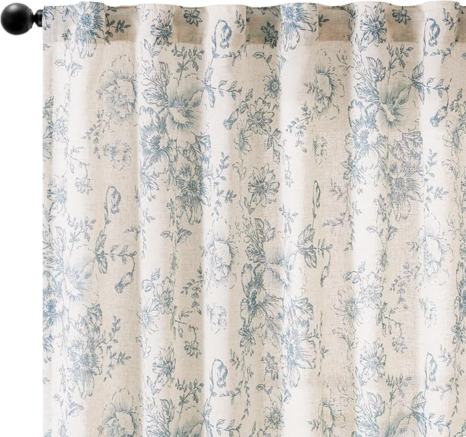 jinchan Blue Floral Linen Curtains 54 Inch Vintage Back Tab 2 Panels | Light - Image 8