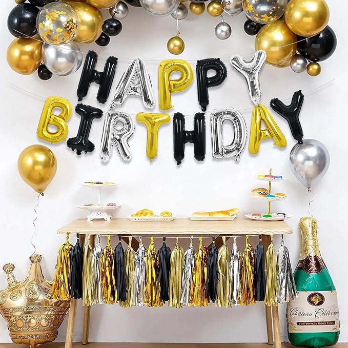 TONIFUL 16 Inch Black Gold Silver Happy Birthday Balloon Banner Decorations | - Image 6
