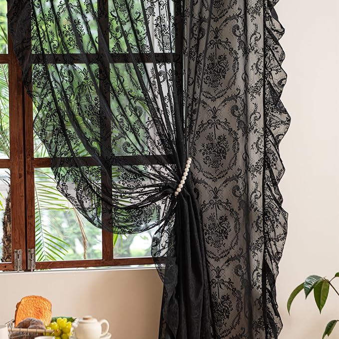 Deeprove Black Lace Curtains 96 Inch Length Set of 2 Panels Pair - Image 9