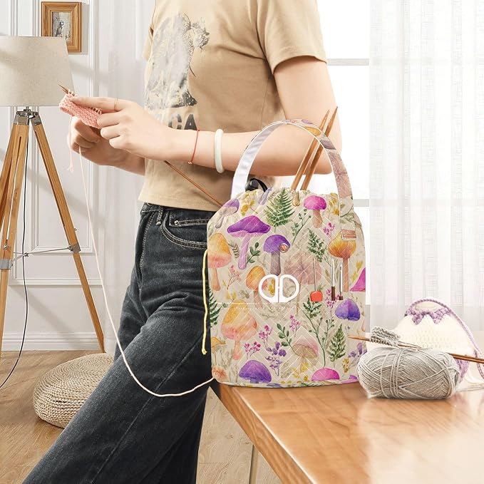 Mushroom Colorful Pattern Yarn Bag Small Crochet Bag Drawstring Yarn Storage - Image 6