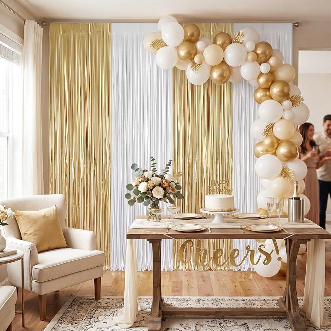 Frienda 4pcs White and Gold Party Decorations 6.6ft Fringe Curtains Decorations - Image 6