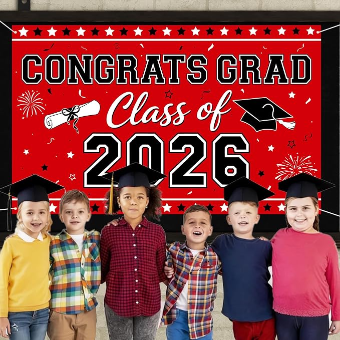 Red Graduation Banner Class of 2026-72" x 44" Congrats Grad Backdrop Decorations - Image 7