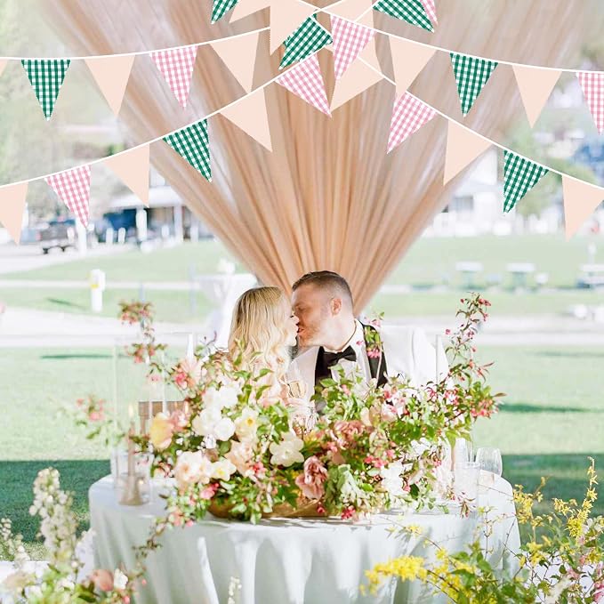 32Ft Pink Green Gingham Camp Bride Banner Green Pink Plaid Checkered Fabric - Image 7