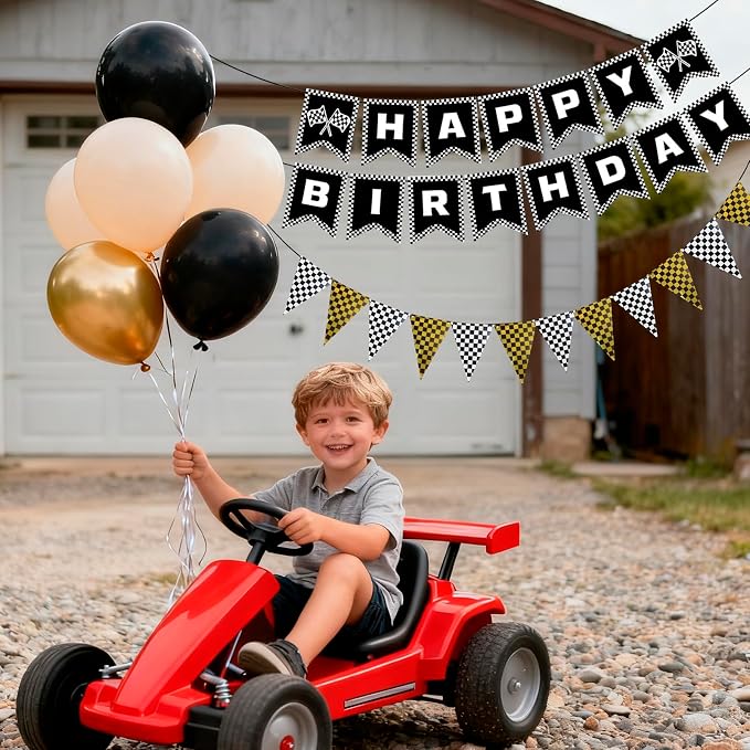 MEETINGU Black and Gold Checkered Flags and Race Car Happy Birthday Banner - Image 5