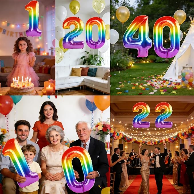 40 Inch Number 40 Balloons for 40th Birthday Party Decorations, 0-100 Rainbow - Image 7