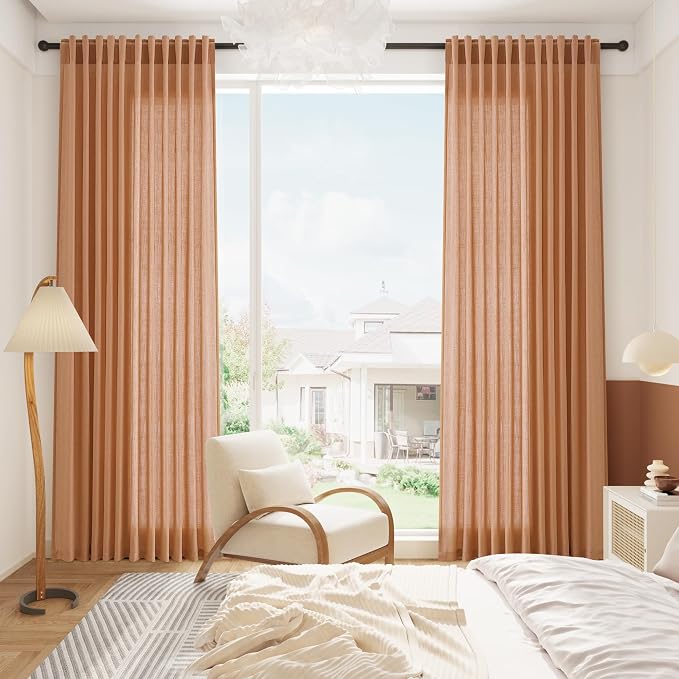Peach Quartz Curtains 84 Inch Long 2 Panels Set Back Tab Rod Pocket Linen Blend - Image 8