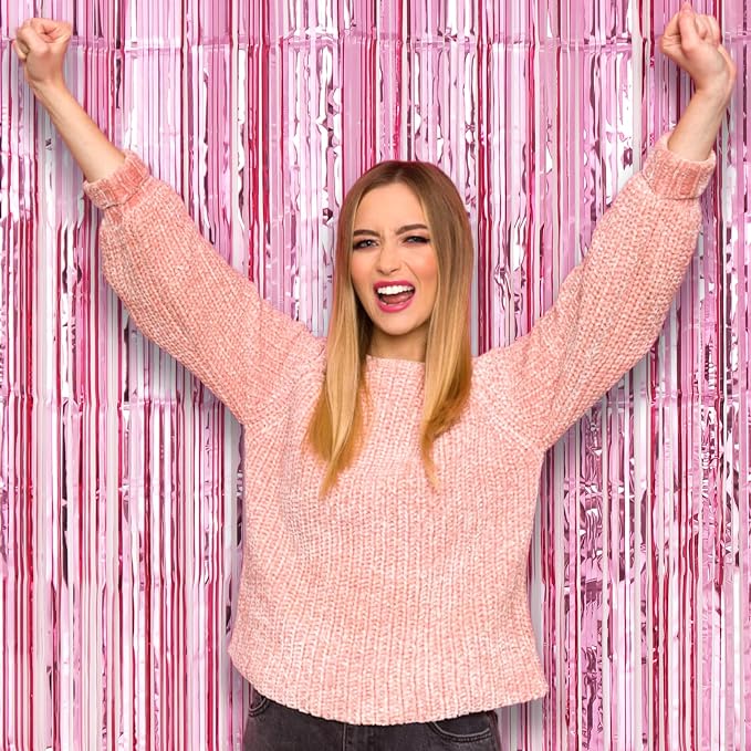 Voircoloria 3 Pack 3.3 x 8.2 ft Light Pink Foil Fringe Backdrop Curtains - Image 7