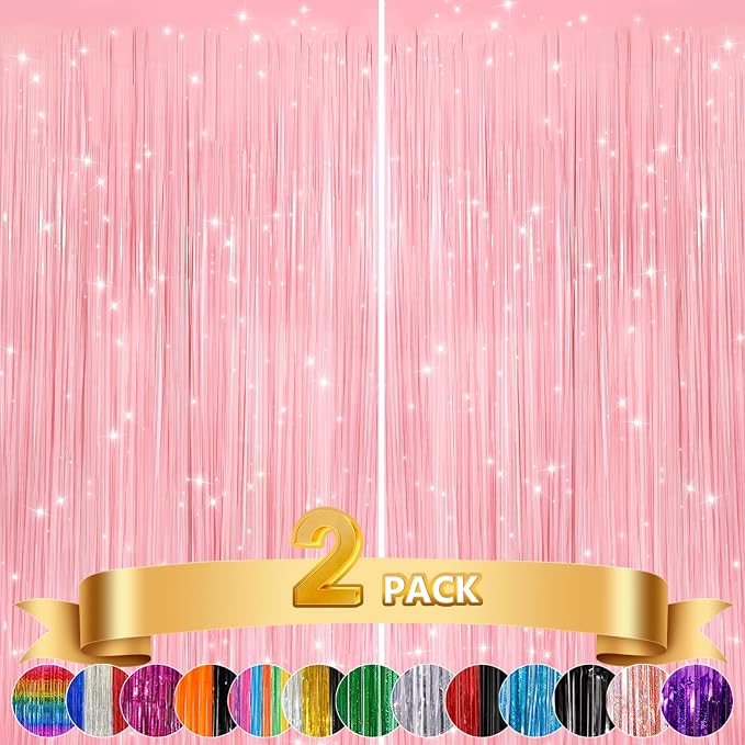2Pack Pastel Pink Metallic Tinsel Foil Fringe Curtains, Door Streamers Photo - Image 7