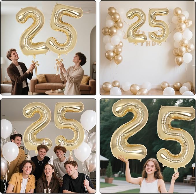 Champagne Gold Large Number 25 Balloon, 40 Inch Light Gold Foil Helium Number - Image 7