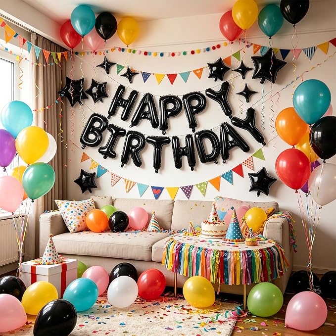 Black Happy Birthday Balloons Banner 16 Inch Mylar Foil Letters, 10 Inch Five & - Image 7