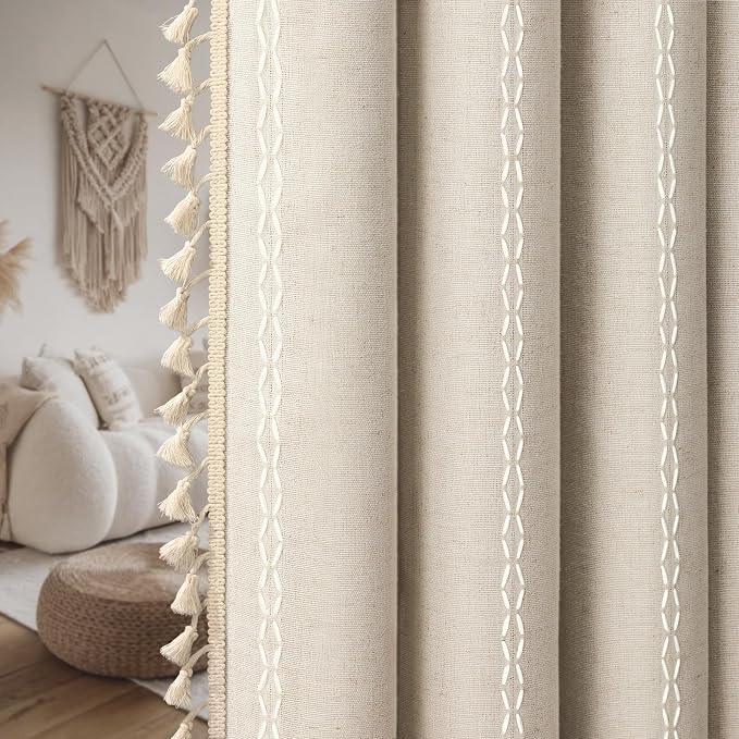 Boho 100% Blackout Curtains 96 Inch 2 Panels Linen Blend Beige | Vintage - Image 9