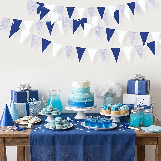 30 Ft Navy Blue White and Silver Party Decorations Royal Blue Triangle Flag - Image 7