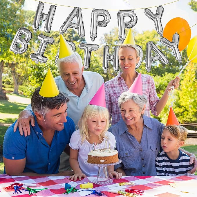 Happy Birthday Balloons Banner Mylar Foil Letter Sign Silver | 16 Inch Reusable - Image 7