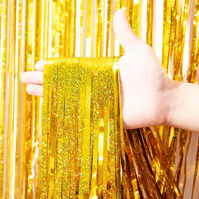 Voircoloria Laser Gold Foil Fringe Backdrop Curtains, 2 Pack | Tinsel Streamers - Image 8