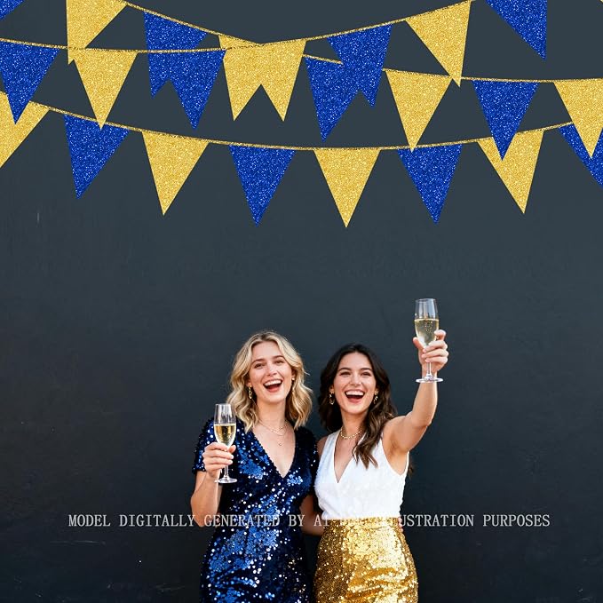 Royal Blue Gold Party Decorations Pennant Banner Flag Glitter Navy Blue and - Image 8