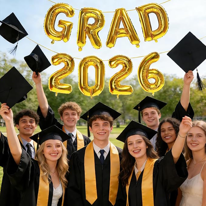 Gold GRAD 2026 Banner Balloons, 16 Inch Mylar Foil letter Graduation Balloons - Image 5