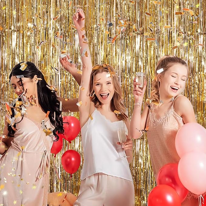 Champagne Gold Metallic Tinsel Foil Fringe Curtains, 2 Pack 3.3x8.3 Feet Party - Image 7