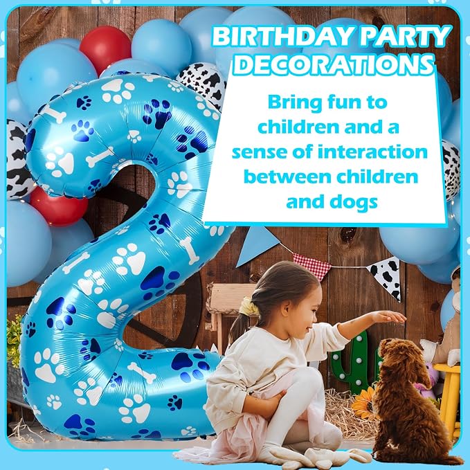 40 Inch Blue Dog Paw Birthday Balloons, Number 2 Balloons - Image 7