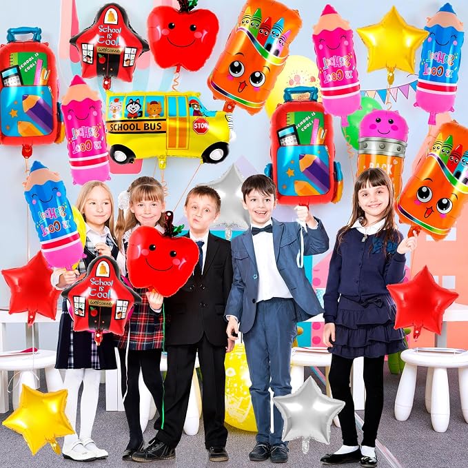 21 Pcs Large Back to School Balloons, Colorful Pencil Crayon Schoolbag Star Bus - Image 7