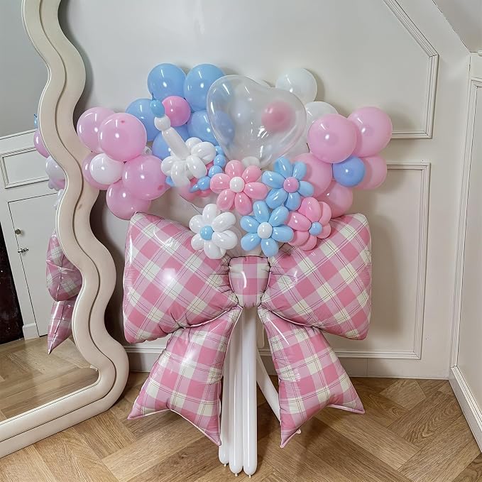 Pink Plaid Bow Balloons, 38 Inch Pink Giant Gingham Checkered Bowknot Foil - Image 7