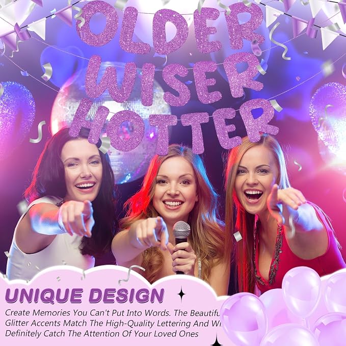 Fulmoon Set of 3 Pre Strung Older Wiser Hotter Glitter Banner Funny Birthday - Image 7
