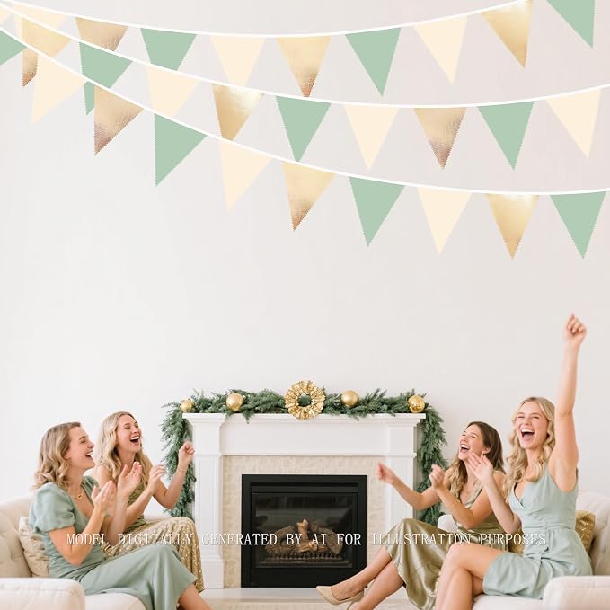 Sage Green Beige Champagne Gold Party Decorations Metallic Fabric Triangle - Image 6