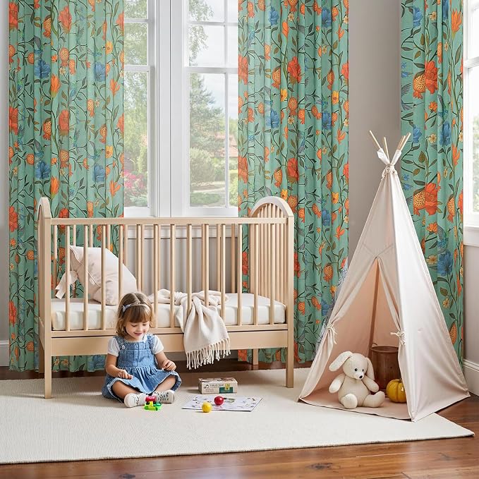 Green Floral Linen Curtains, Boho Whimsical Bird Print Curtains - Image 9