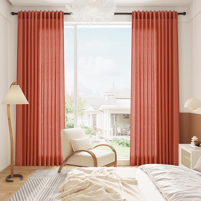 Coral Linen 96 Inch Length Curtains Panels 2 Panel Set Back Tab Rod Pocket - Image 8