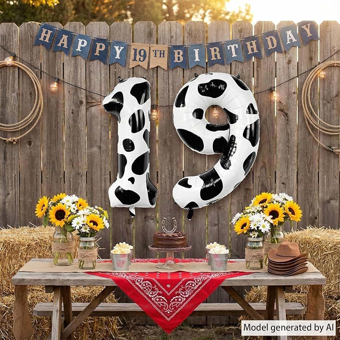 40 Inch Cow Print Number 19 Balloon Set, Giant Black & White Cowhide Foil Mylar - Image 7