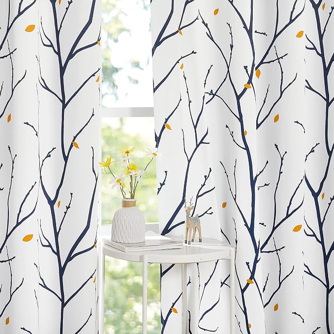 NICETOWN Navy Blue Branch White Curtains - Image 6