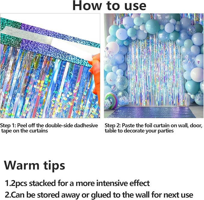 2 Packs Iridescent Foil Fringe Curtain, Neon Transparent Holographic Tinsel - Image 7