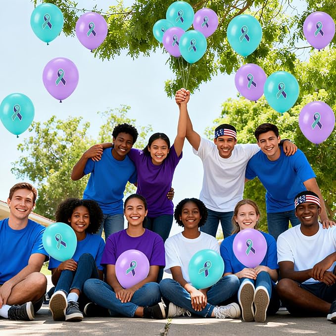 100 Pcs Suicide Prevention Awareness Balloons 12 Inch Teal and Purple Ribbon - Image 6