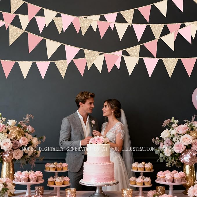Champagne Gold Dusty Rose Pink Beige Party Pennant Banner Flag Hanging Glitter - Image 8