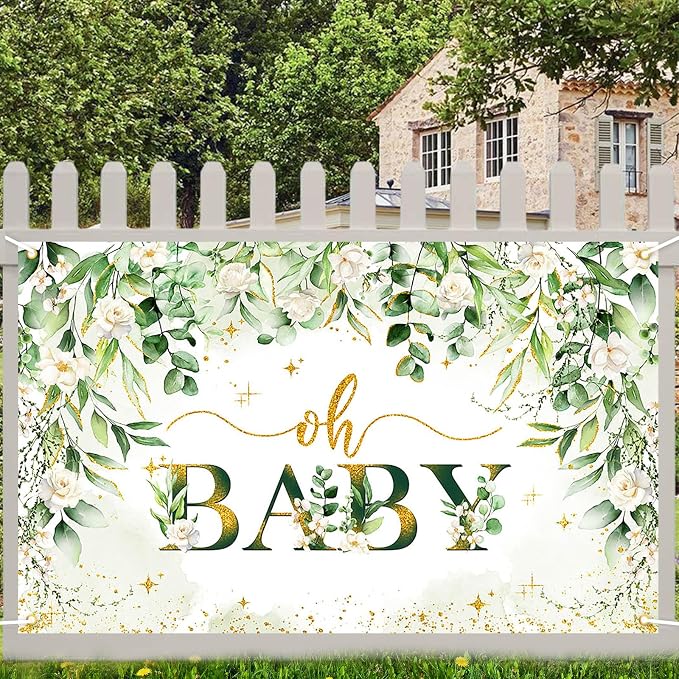 Greenery Boy Baby Shower Decorations Banner Floral Green Sage Oh Baby Backdrop - Image 7