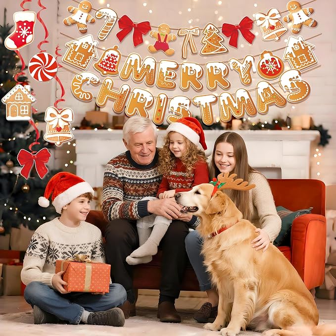 Merry Christmas Banners Gingerbread Theme, Pre-Strung Xmas Party Decorations - Image 5