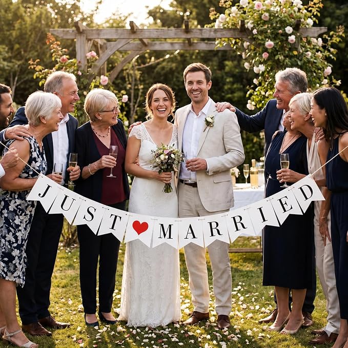 Just Married Banner Pre-strung Wedding Banner Bunting Photo Booth Props Garland - Image 9