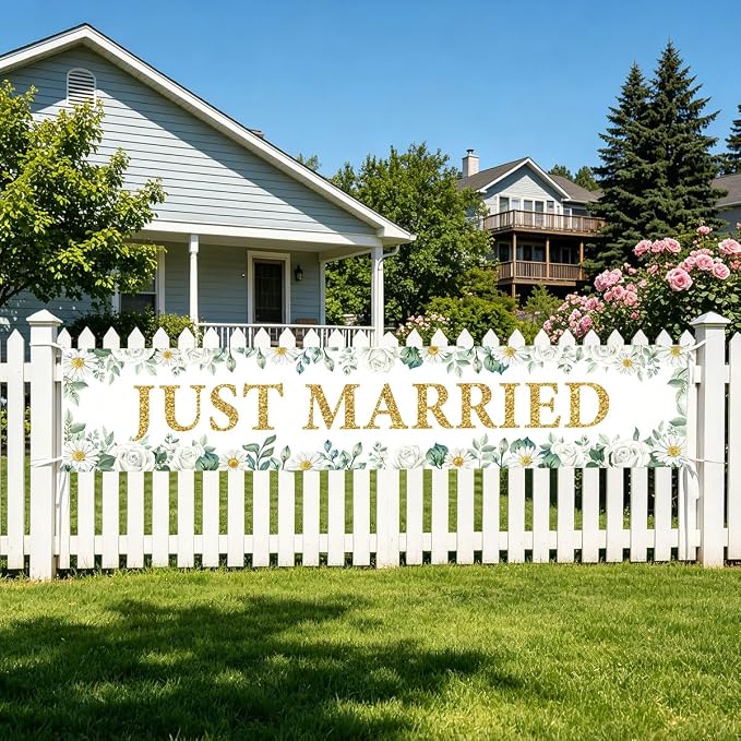 Just Married Wedding Decor Banner Decorations Party Hanging Sign | Reusable - Image 6