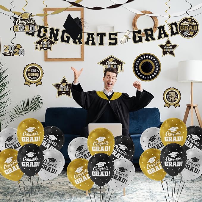 Black and Gold Themed 2026 Graduation Decorations Set - Image 8