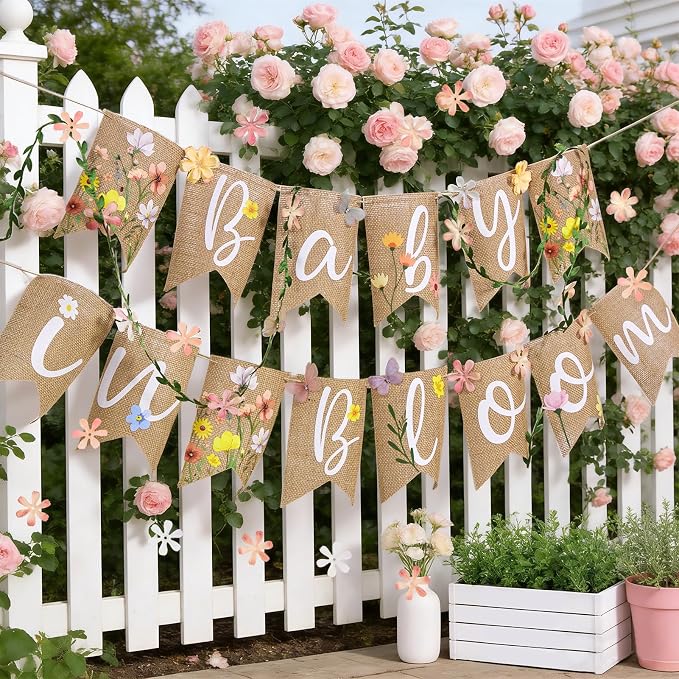 Baby in Bloom Baby Shower Burlap Banner, Flower Themed Baby Shower Decorations - Image 7